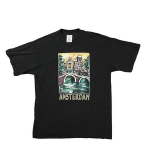 Vintage 90s Graphic Amsterdam T-Shirt Mens Large Souvenir City Street Black